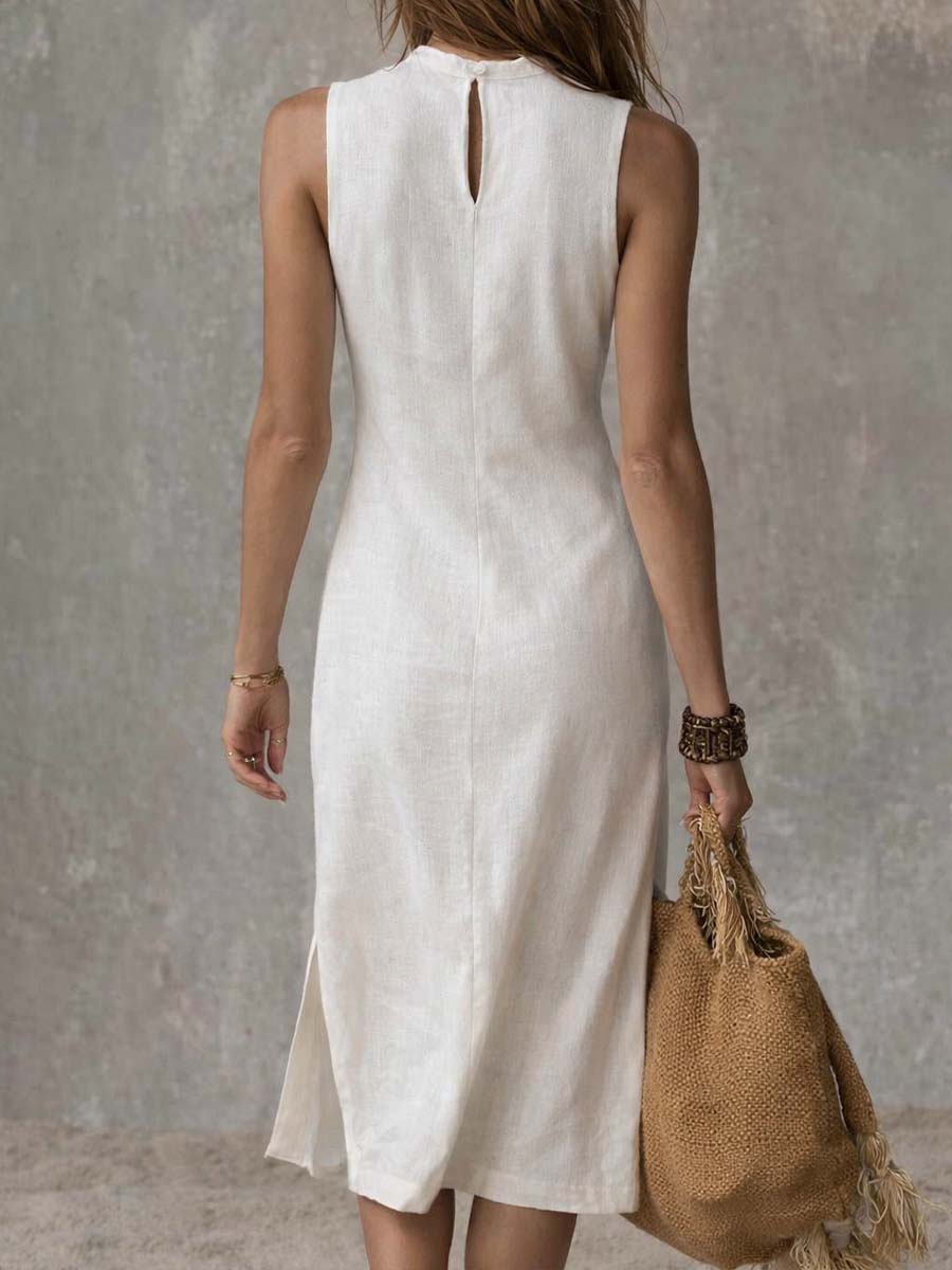 Robe Midi en Coton et Lin avec Col Montant et Fente Latérale