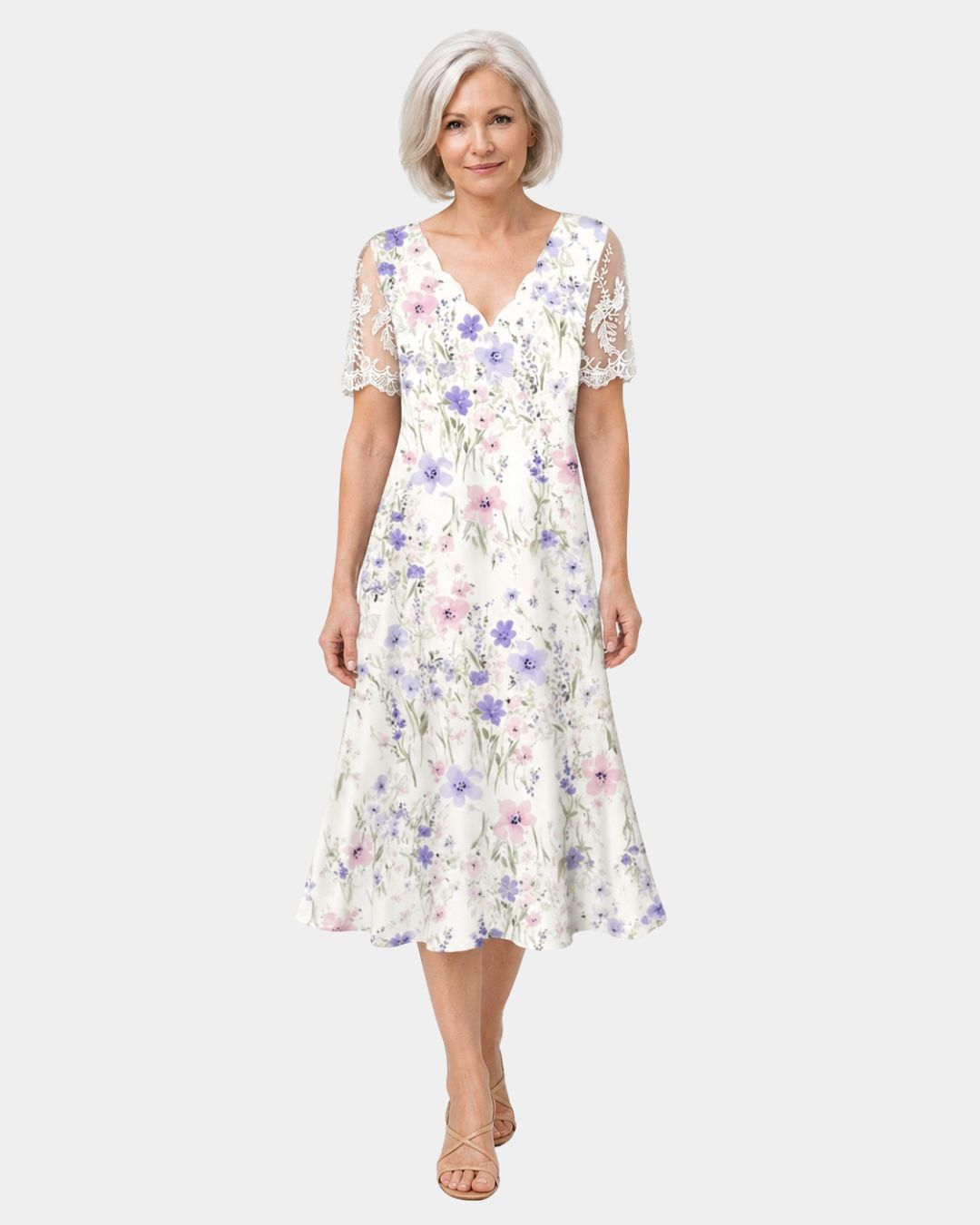Katell | Robe avec manches en dentelle et imprimé floral