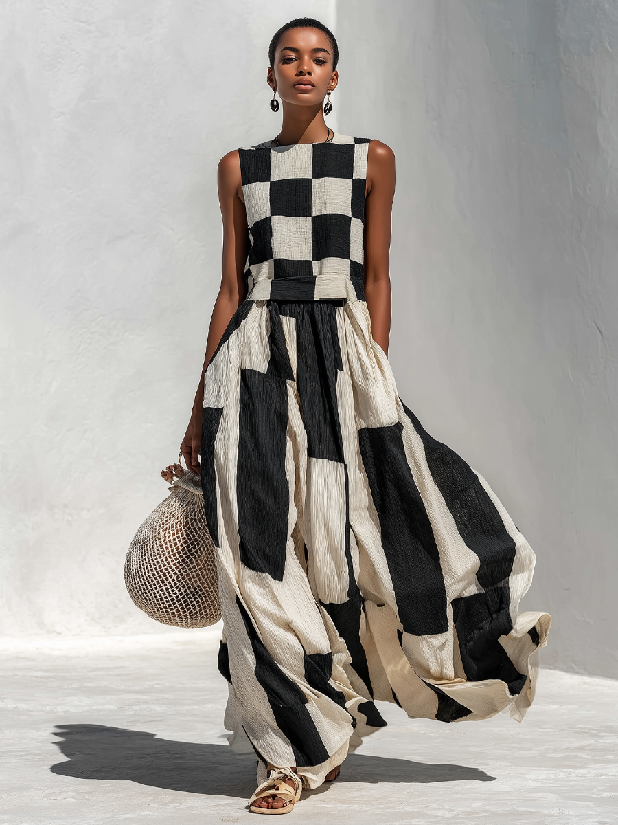 Angelica | Robe sans manches à carreaux et rayures