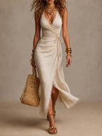Tatiana | Robe Midi en Lin Naturel avec Décolleté Croisé et Dentelle