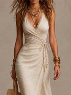 Tatiana | Robe Midi en Lin Naturel avec Décolleté Croisé et Dentelle