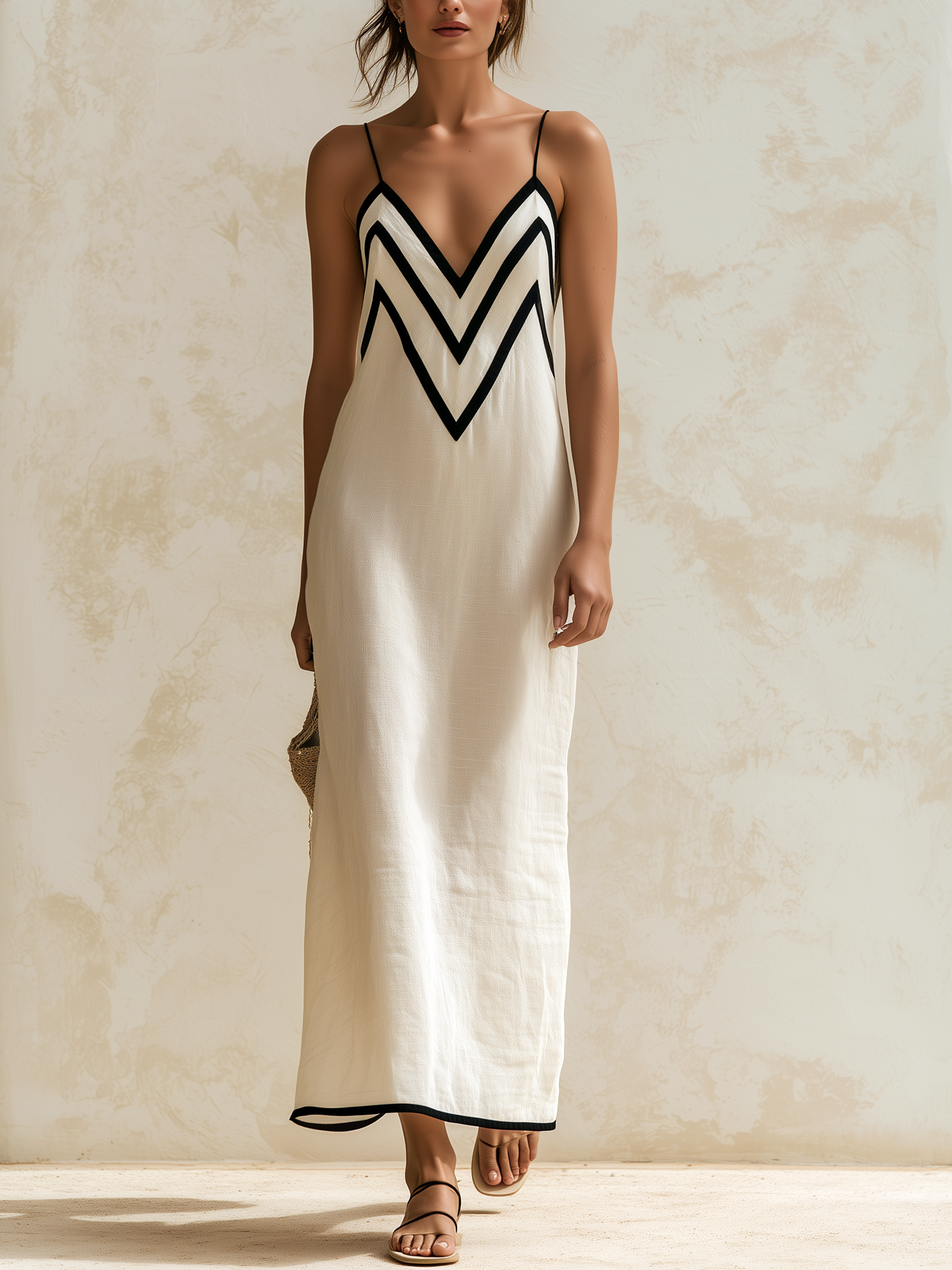 Inma | Robe longue en lin style slip avec bords contrastés à motif chevron