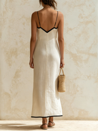 Inma | Robe longue en lin style slip avec bords contrastés à motif chevron