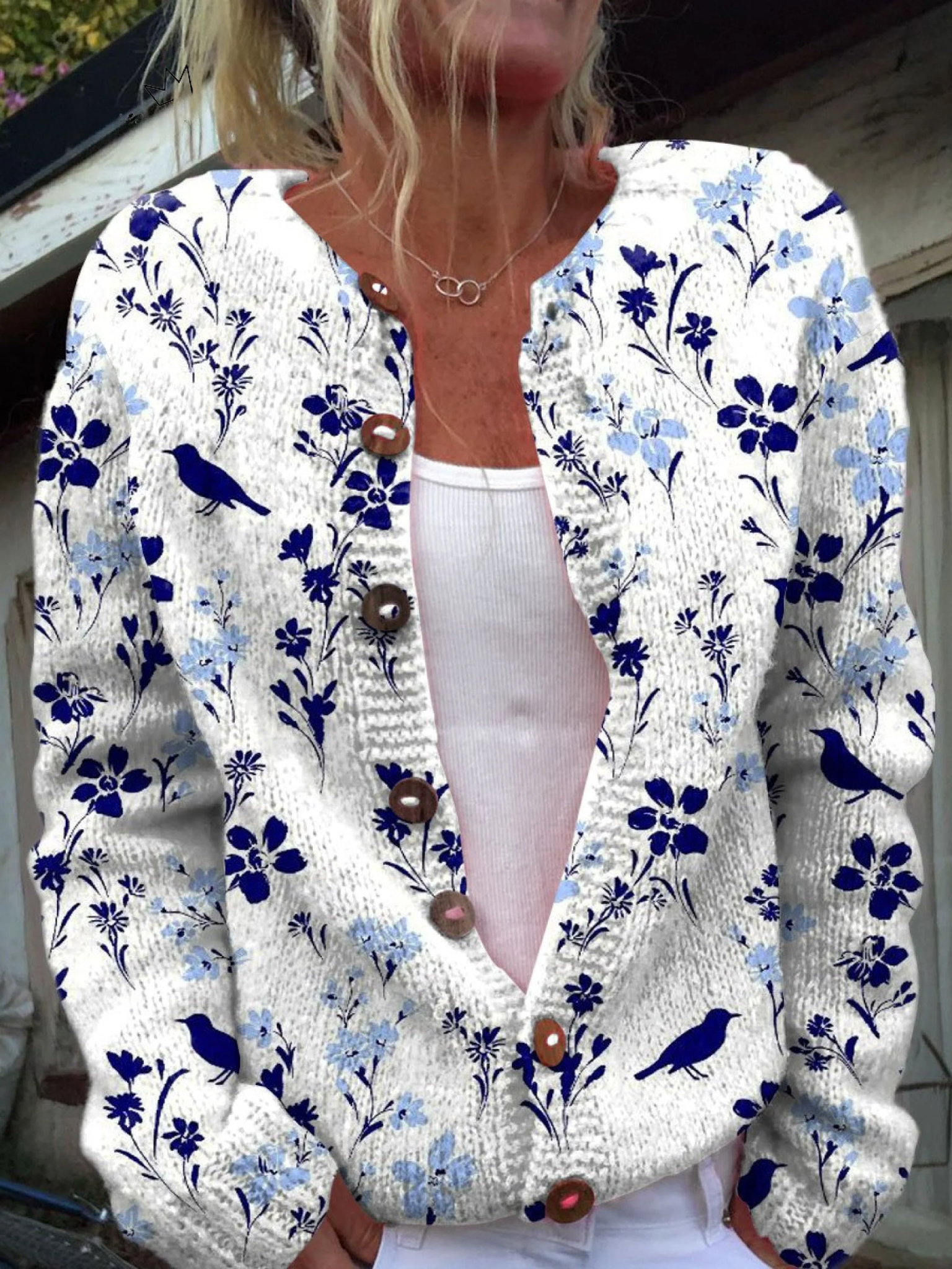 Vynora™ | Cardigan en maille à imprimé floral et oiseaux, boutonné