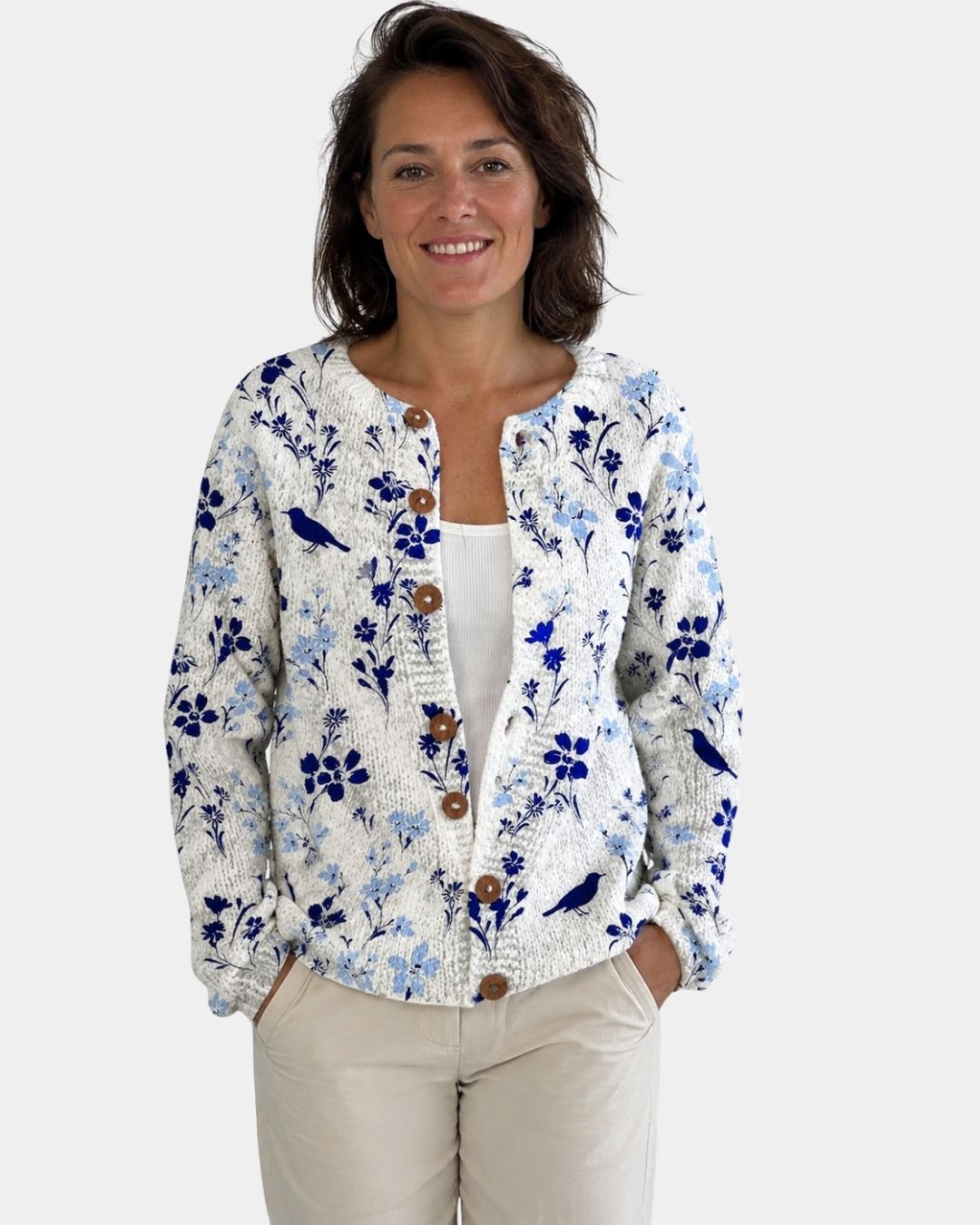 Vynora | Cardigan en maille à imprimé floral et oiseaux, boutonné
