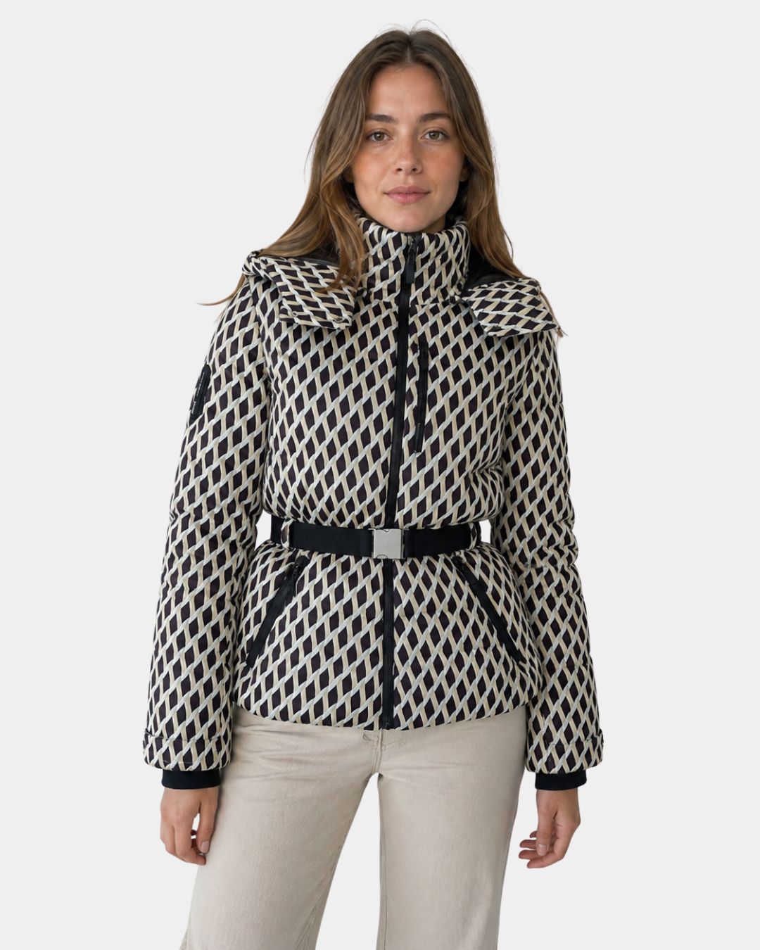 Élodiane | Veste doudoune beige à motifs avec ceinture