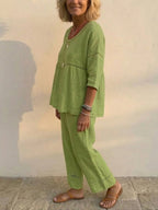 Ensemble de Deux Pièces en Lin Vintage Décontracté pour Femme