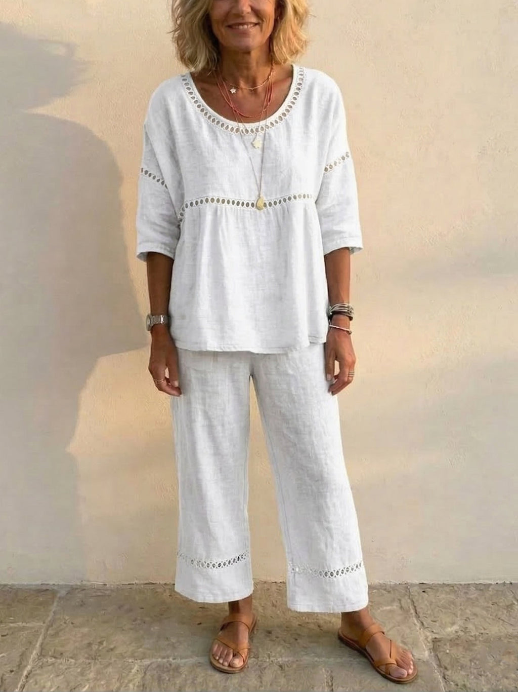 Ensemble de Deux Pièces en Lin Vintage Décontracté pour Femme