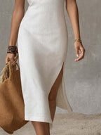 Robe Midi en Coton et Lin avec Col Montant et Fente Latérale