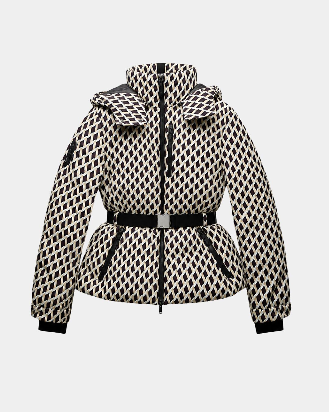 Élodiane | Veste doudoune beige à motifs avec ceinture