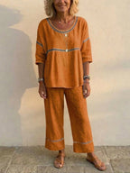 Ensemble de Deux Pièces en Lin Vintage Décontracté pour Femme