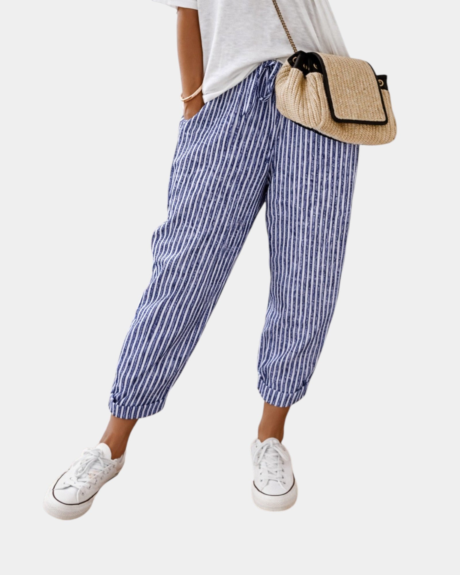 Sofie – Pantalon Respirant, Décontracté et Élégant (Rayé Bleu)