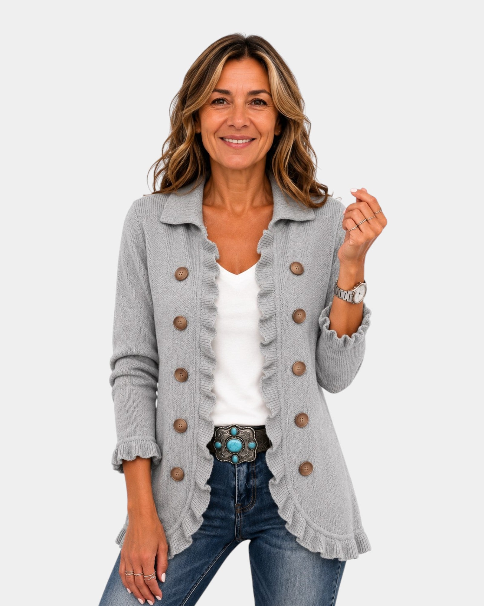 Eloísa | Veste en Maille Grise Marbrée avec Volants