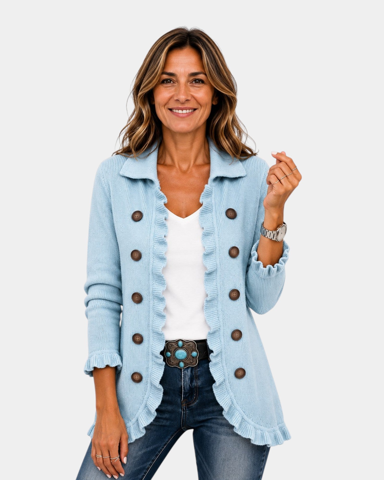 Cecilia | Veste en Tricot Bleu Poudré avec Volants