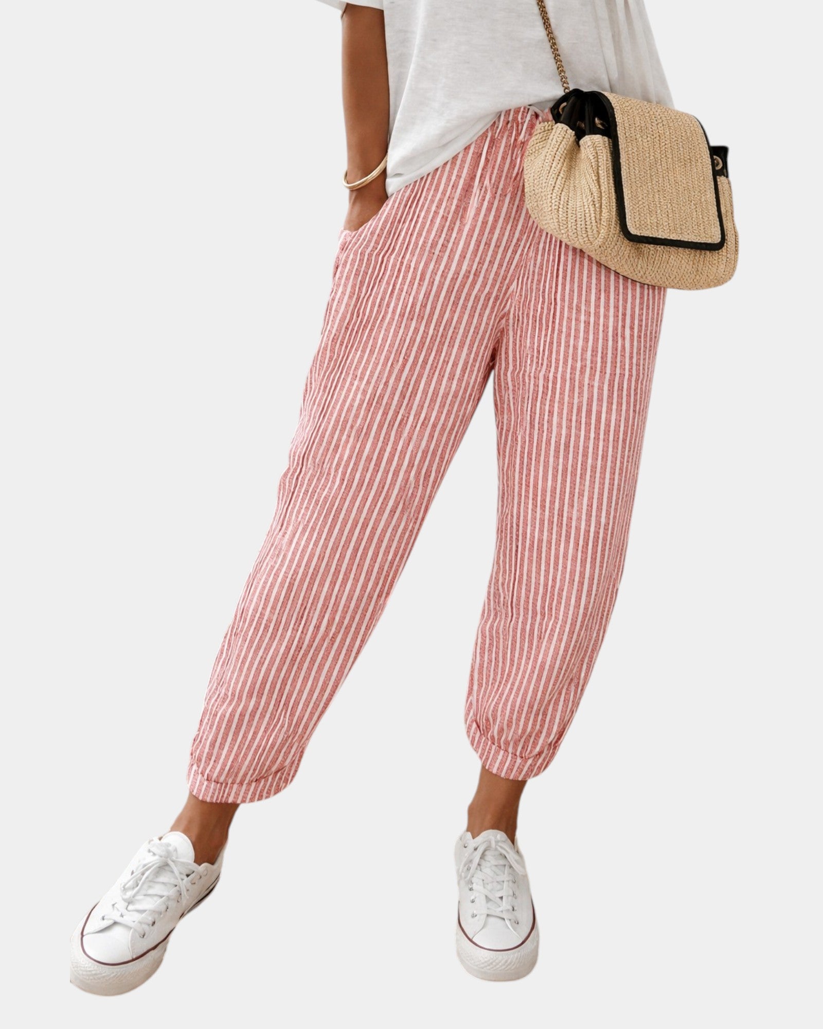 Sofie – Pantalon Respirant, Décontracté et Élégant (Rayé Rouge)