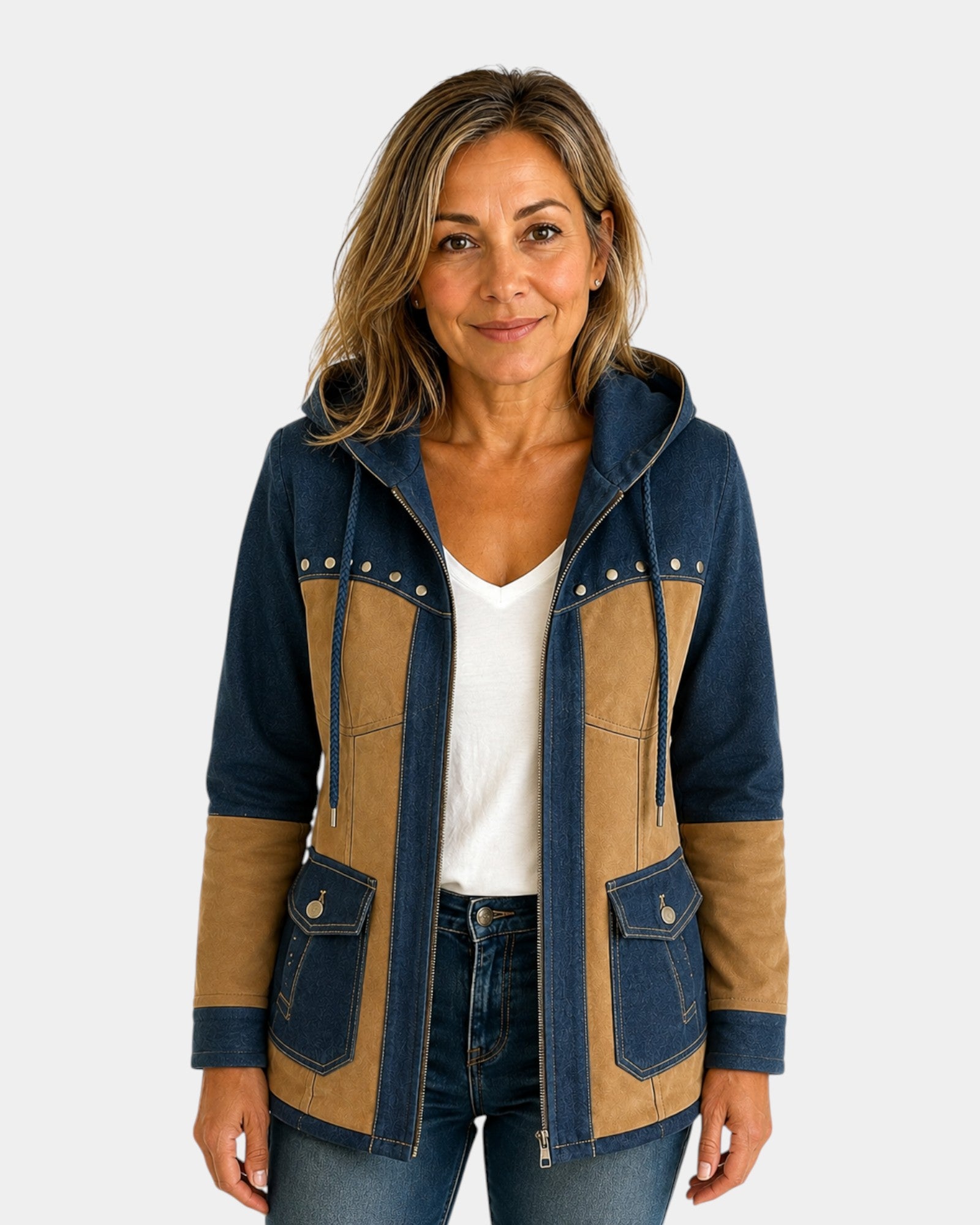 Adriana | Veste à Capuche en Marine et Camel