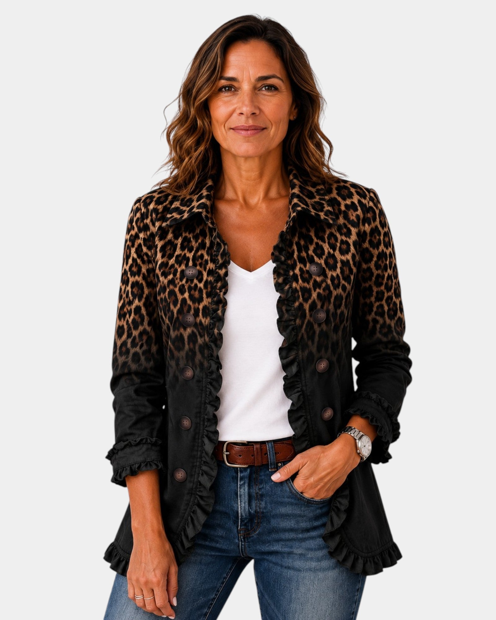 Sabina | Veste Blazer Léopard Noir avec Volants