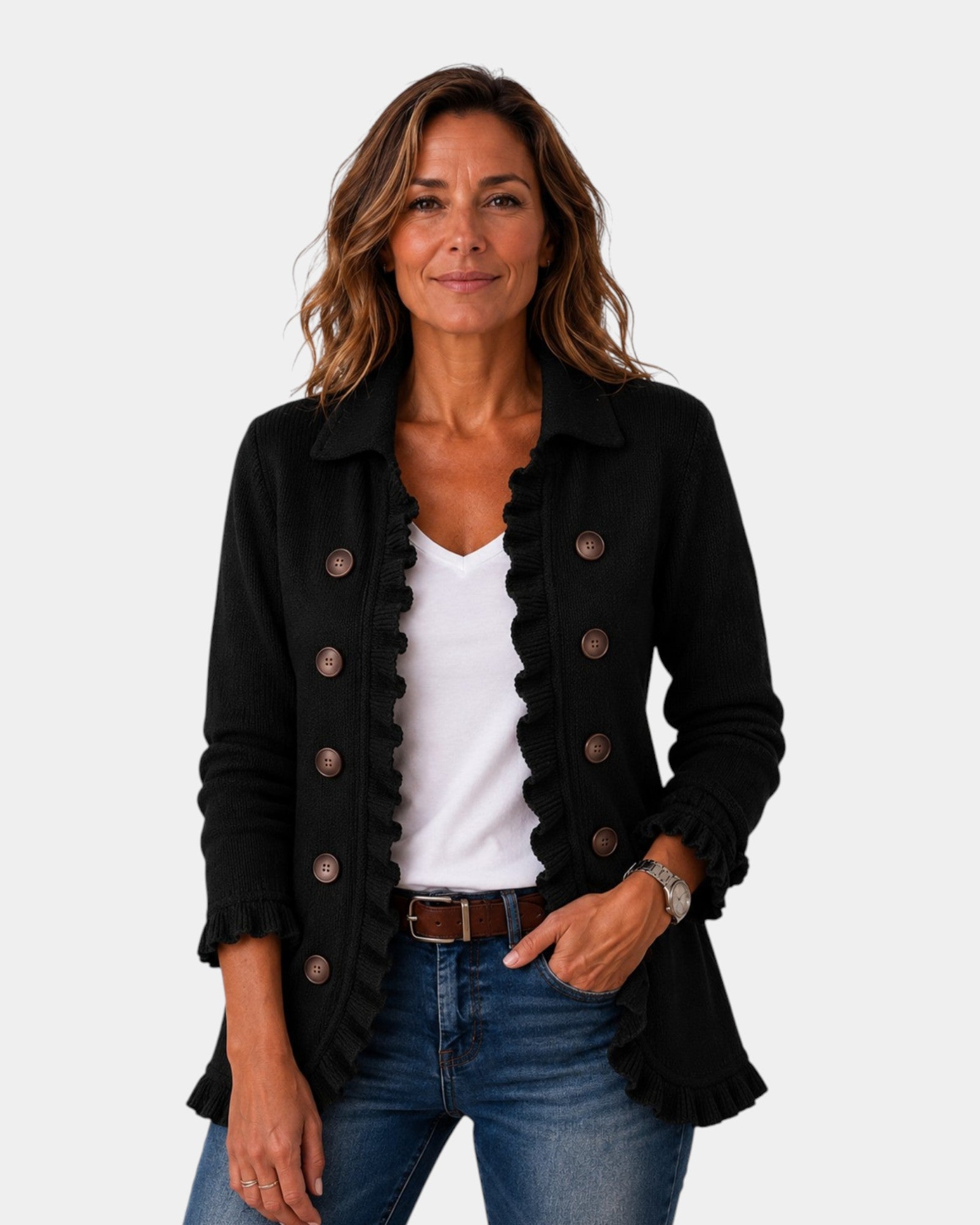 Camila | Veste en Maille Noire avec Volants