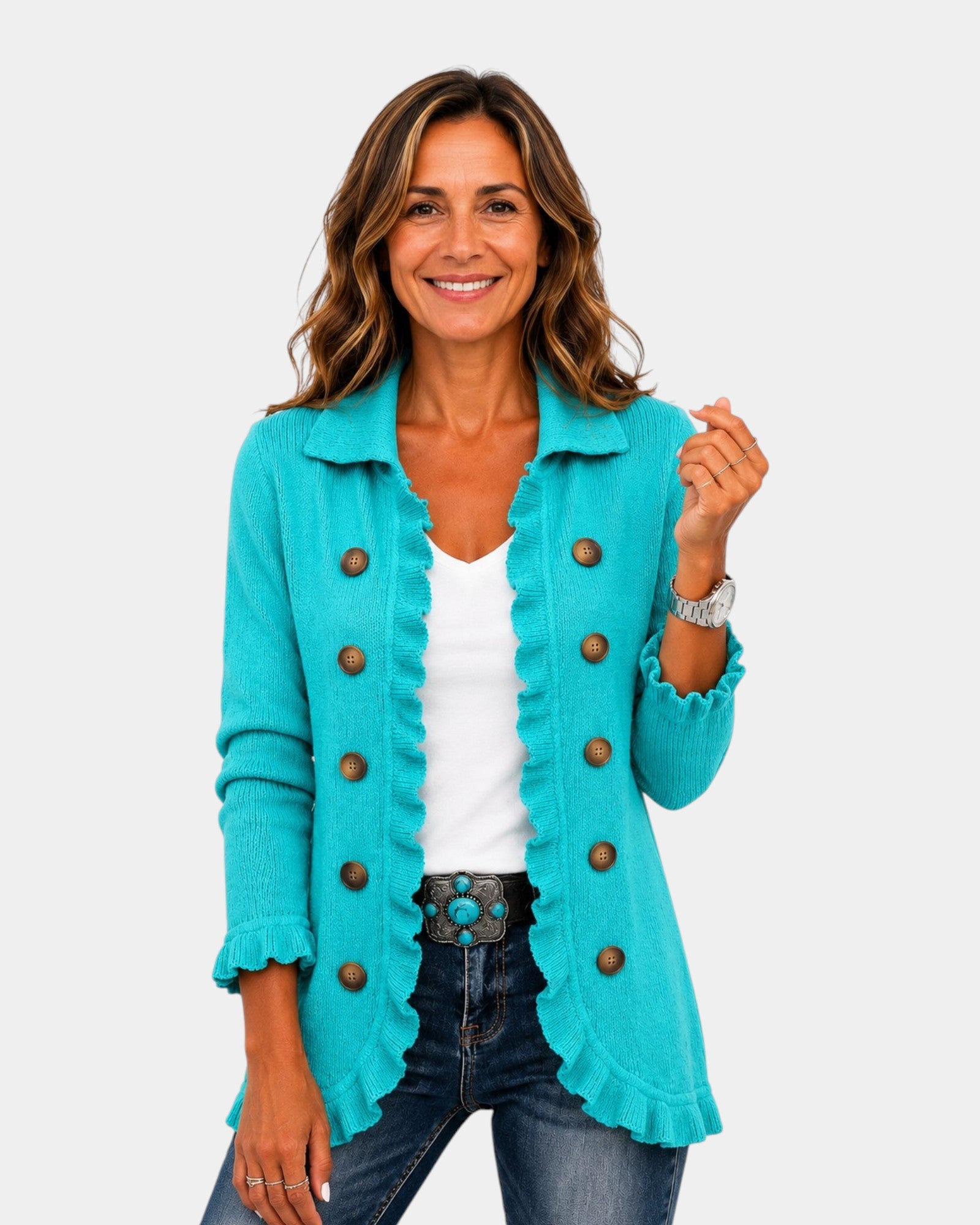 Maribel | Veste en Tricot Turquoise avec Volants