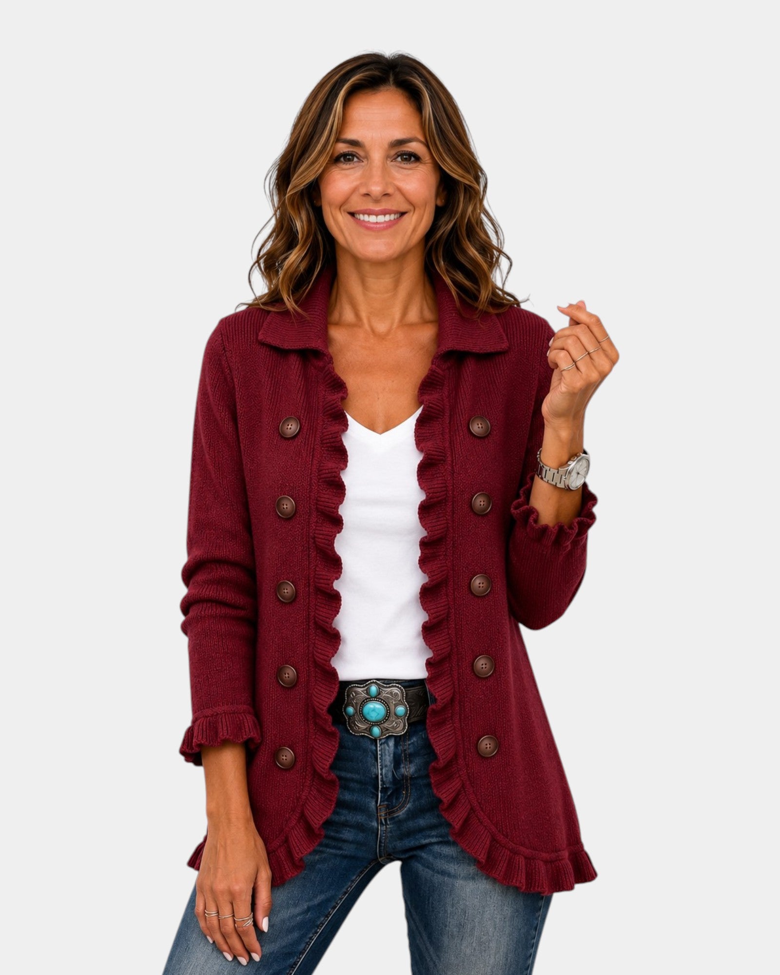 Rosalía | Veste en Tricot Rouge Rubis avec Volants