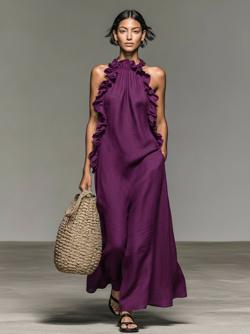 Giulia | Robe Maxi Minimaliste en Lin avec Volants