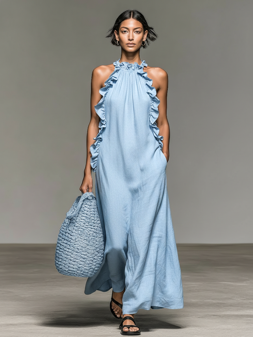 Giulia | Robe Maxi Minimaliste en Lin avec Volants