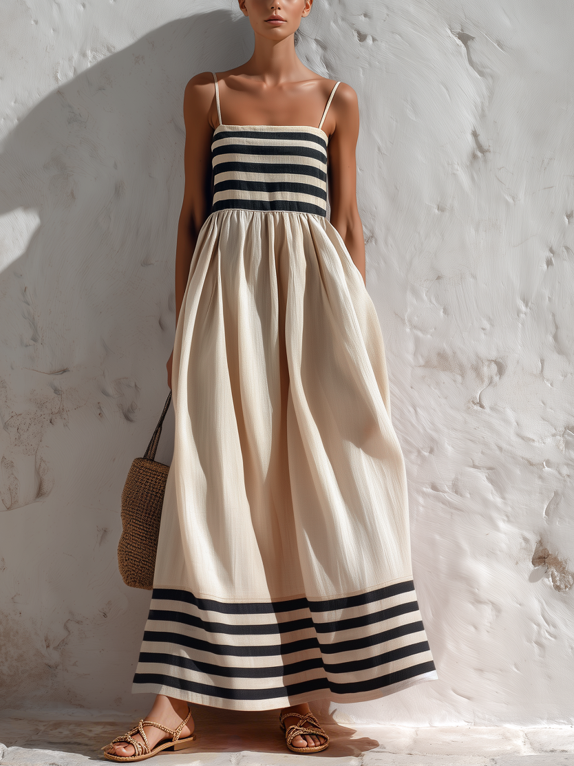 Oliwia | Robe longue à rayures noir-beige avec fines bretelles