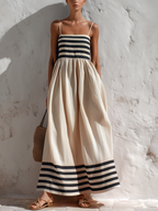 Oliwia | Robe longue à rayures noir-beige avec fines bretelles
