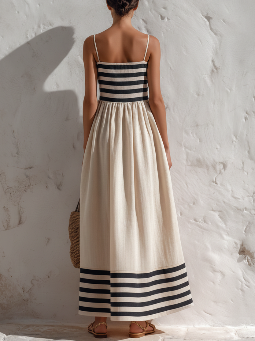 Oliwia | Robe longue à rayures noir-beige avec fines bretelles