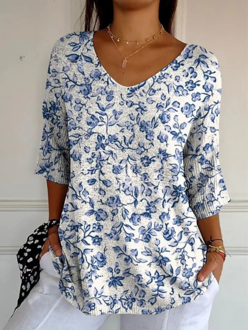 Mélanie | Pull Décontracté en Maille avec Imprimé de Fleurs Bleues