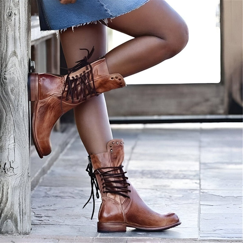 Bottes mi-mollet à lacets cloutées avec petit talon pour femmes