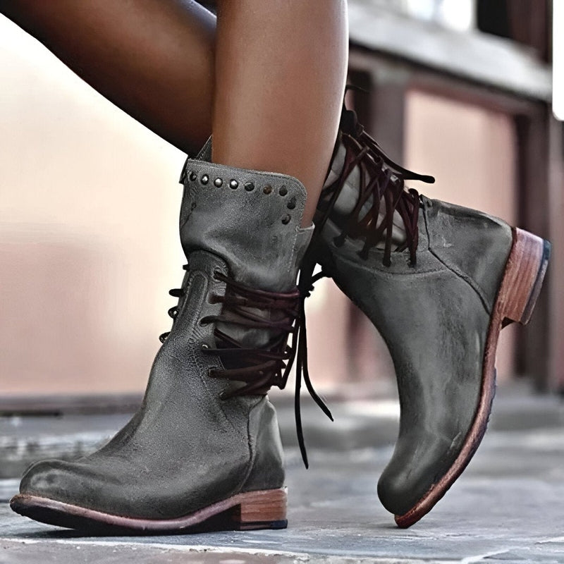 Bottes mi-mollet à lacets cloutées avec petit talon pour femmes