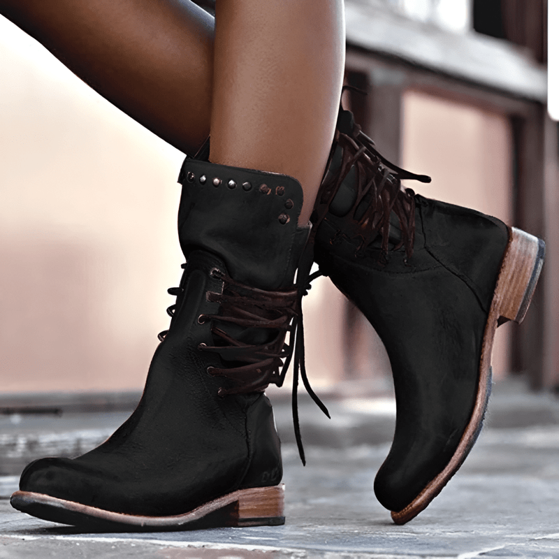 Bottes mi-mollet à lacets cloutées avec petit talon pour femmes