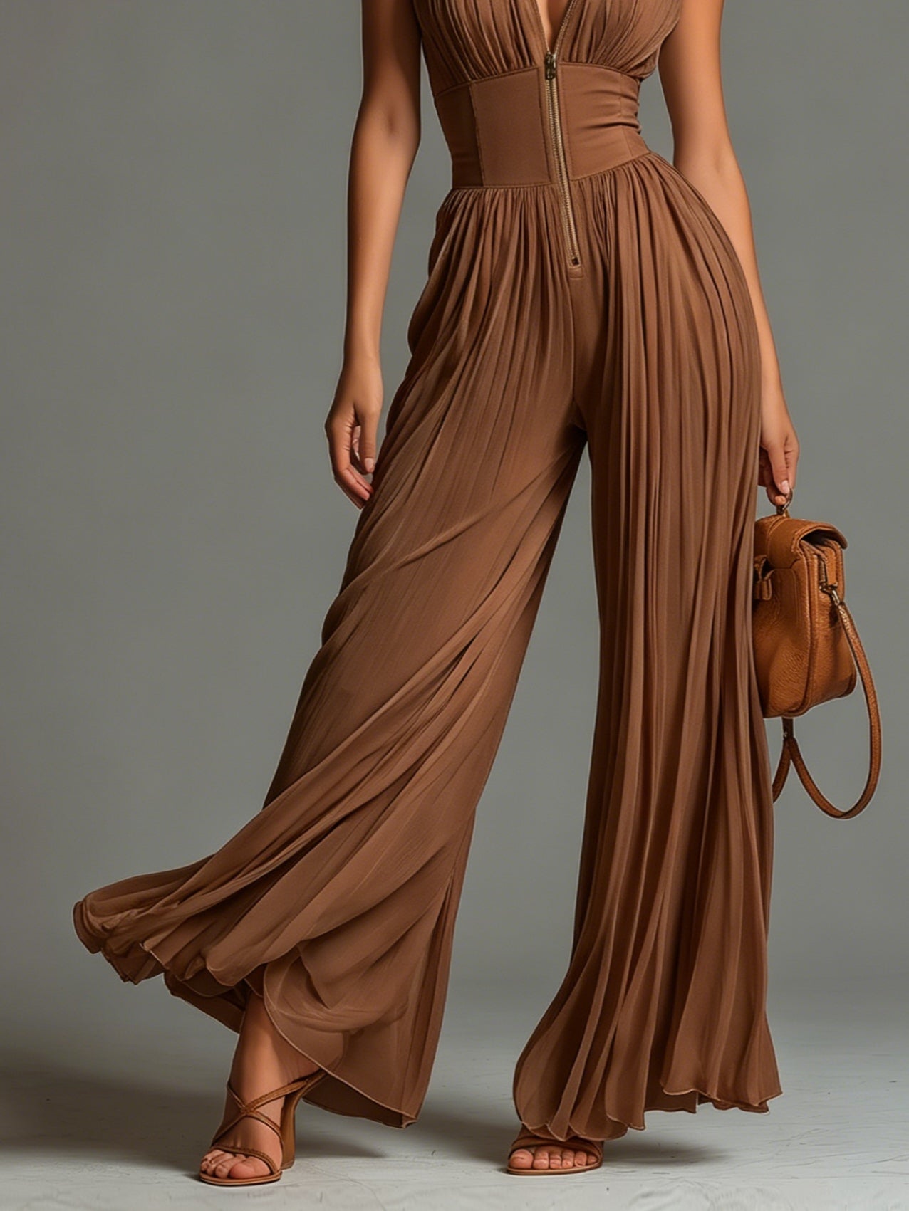Claudia™ — Combinaison Plissée en Chiffon Marron