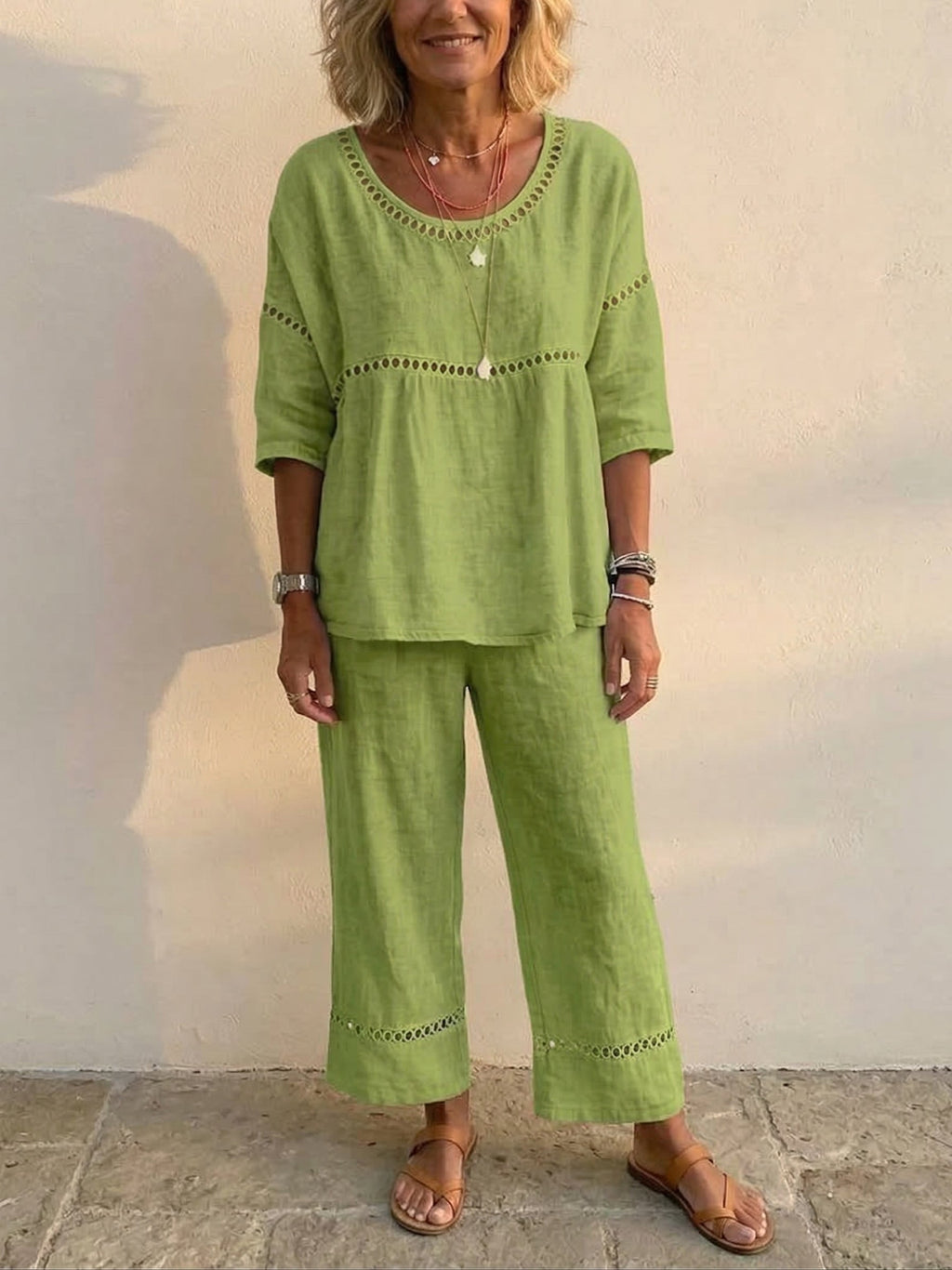 Ensemble de Deux Pièces en Lin Vintage Décontracté pour Femme