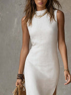 Robe Midi en Coton et Lin avec Col Montant et Fente Latérale