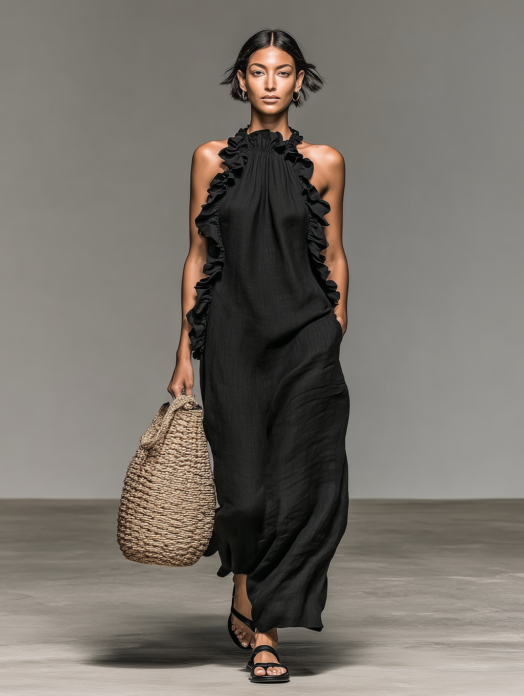 Giulia | Robe Maxi Minimaliste en Lin avec Volants