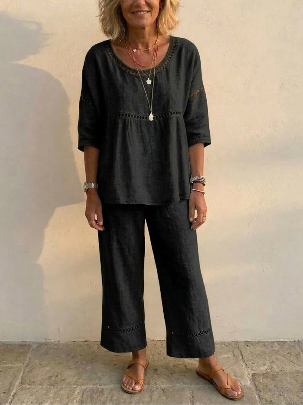 Ensemble de Deux Pièces en Lin Vintage Décontracté pour Femme