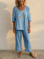 Ensemble de Deux Pièces en Lin Vintage Décontracté pour Femme