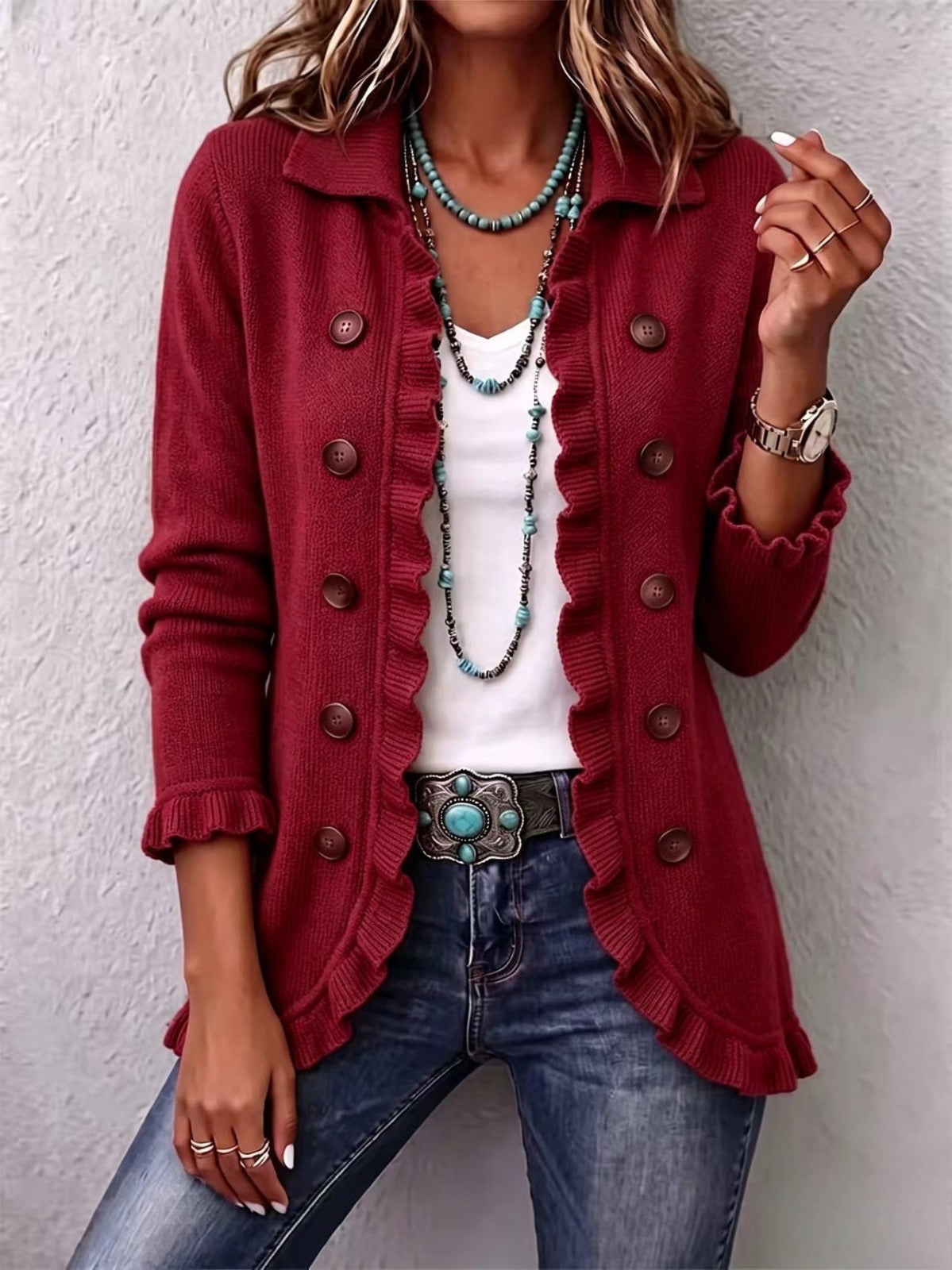 Rosalía | Veste en Tricot Rouge Rubis avec Volants