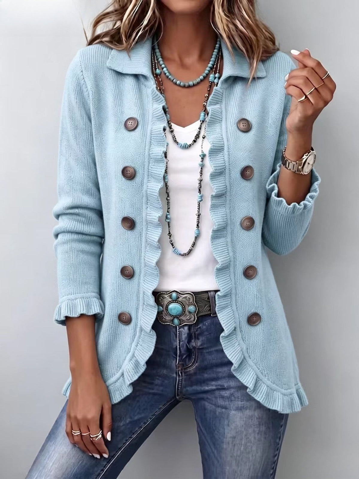 Cecilia | Veste en Tricot Bleu Poudré avec Volants