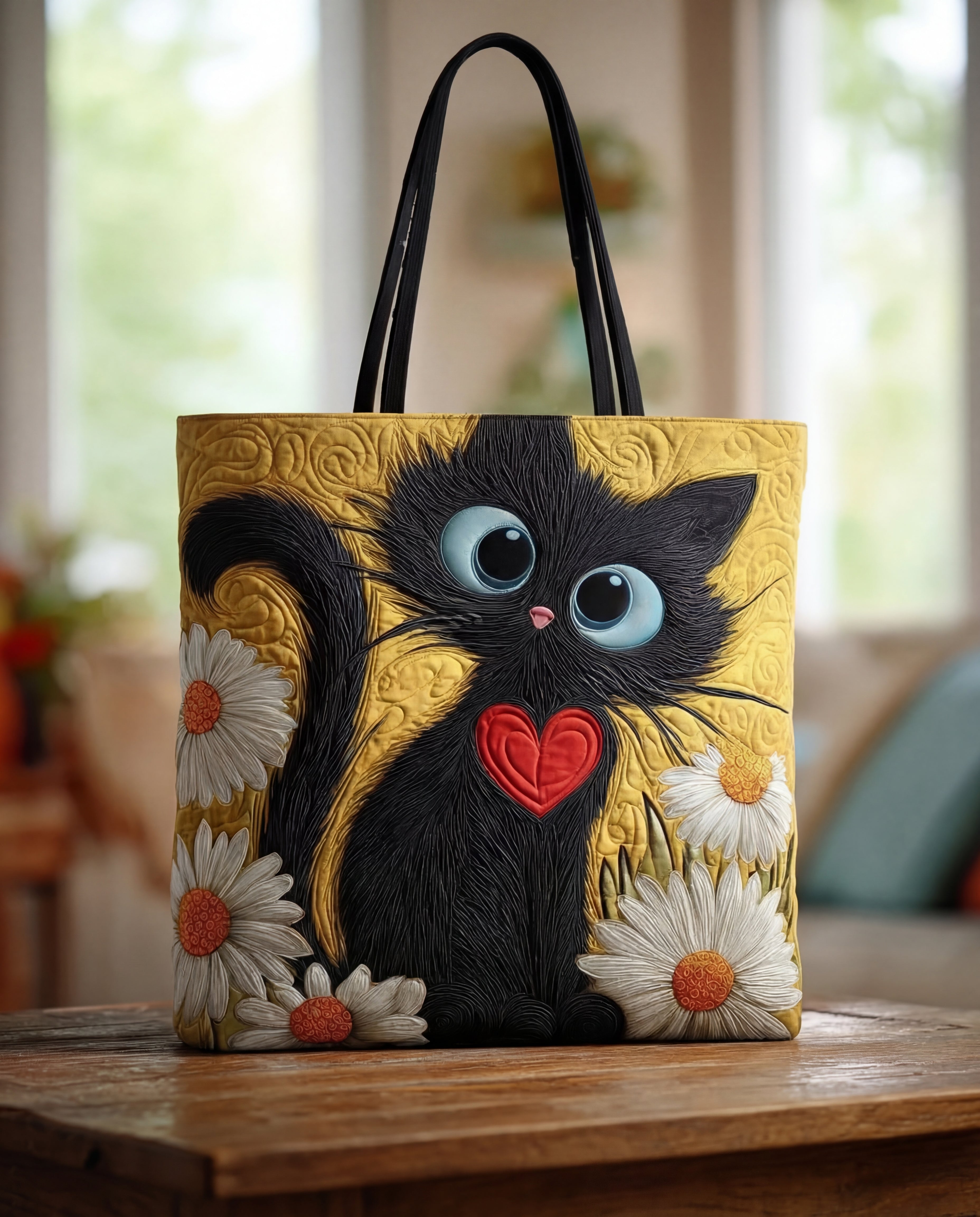 Sac à main artisanal “Chat Noir avec Cœur et Marguerites”