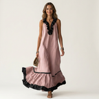 Mayline | Robe Maxi Sans Manches avec Col Volant et Bord Contrasté