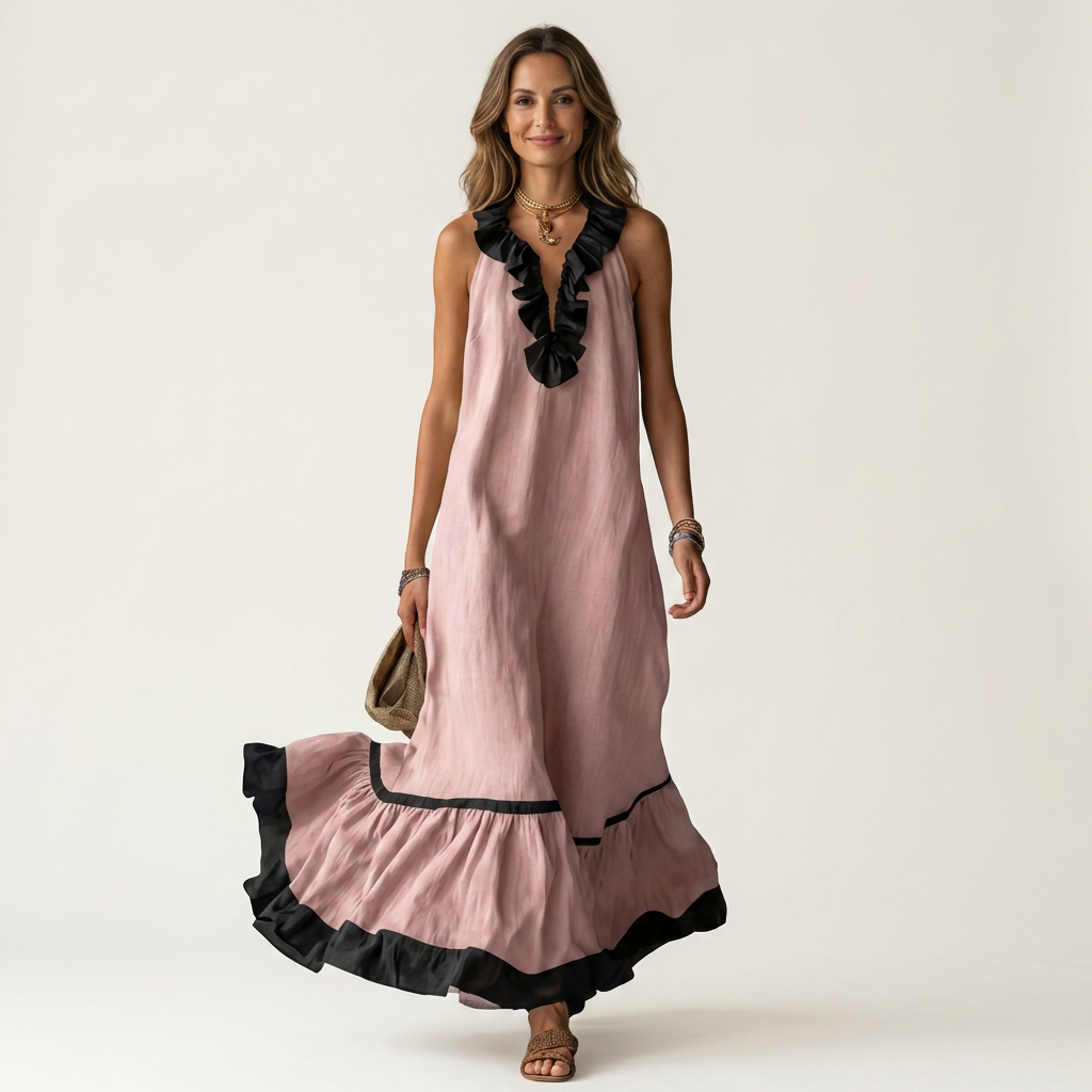 Mayline | Robe Maxi Sans Manches avec Col Volant et Bord Contrasté