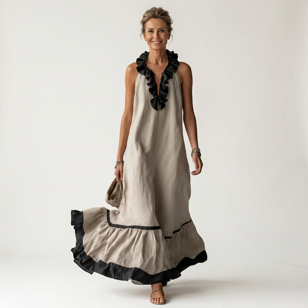 Mayline | Robe Maxi Sans Manches avec Col Volant et Bord Contrasté