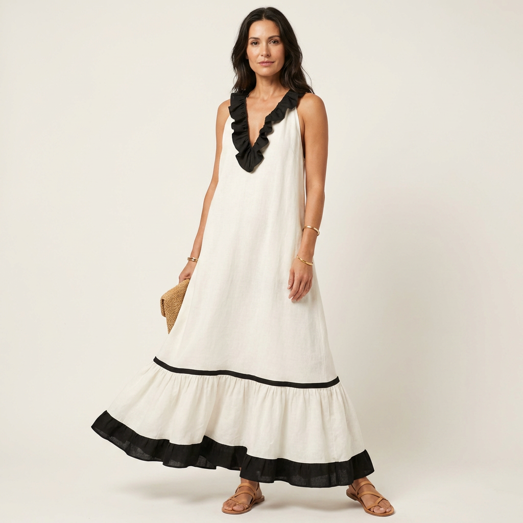 Mayline | Robe Maxi Sans Manches avec Col Volant et Bord Contrasté