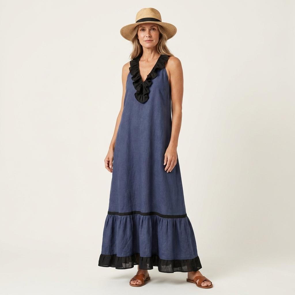 Mayline | Robe Maxi Sans Manches avec Col Volant et Bord Contrasté