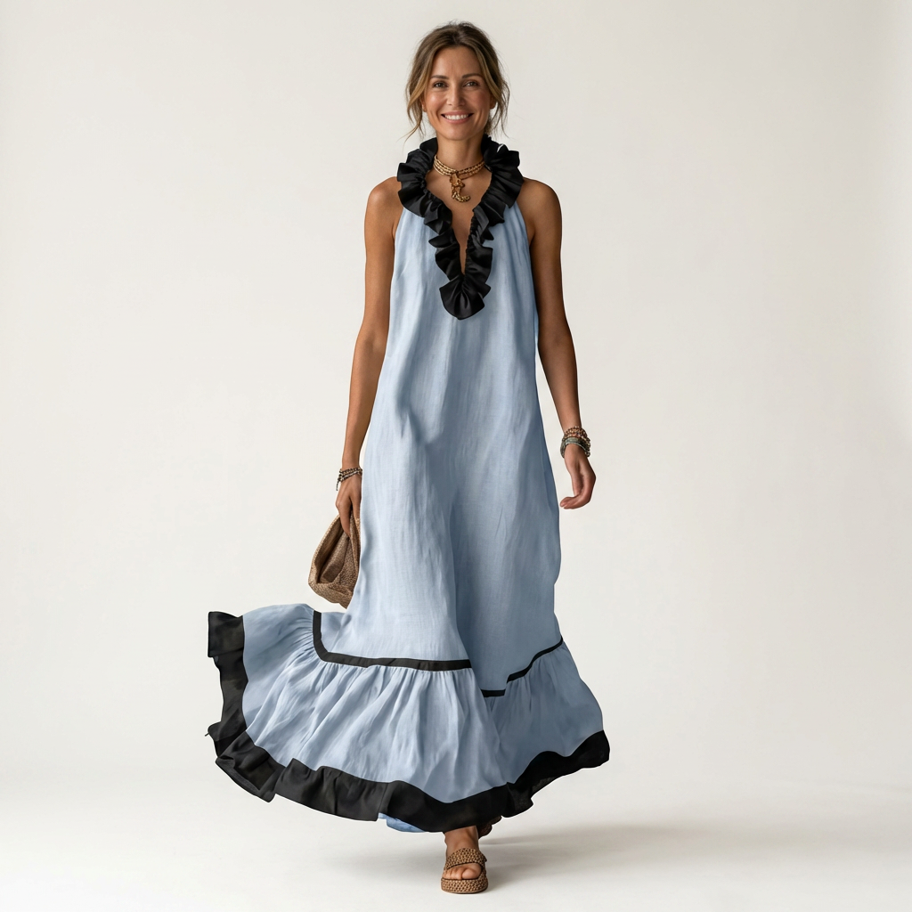 Mayline | Robe Maxi Sans Manches avec Col Volant et Bord Contrasté