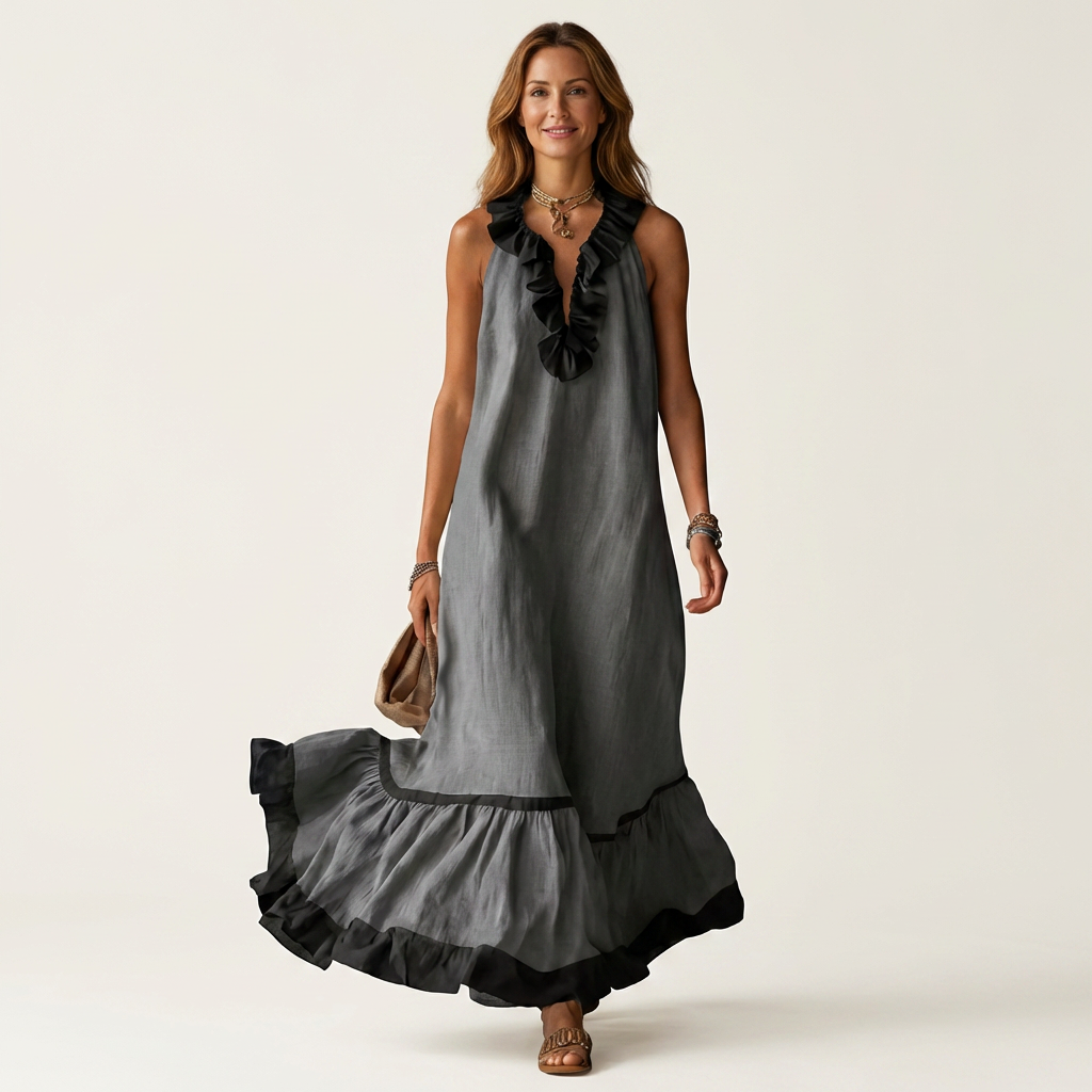 Mayline | Robe Maxi Sans Manches avec Col Volant et Bord Contrasté