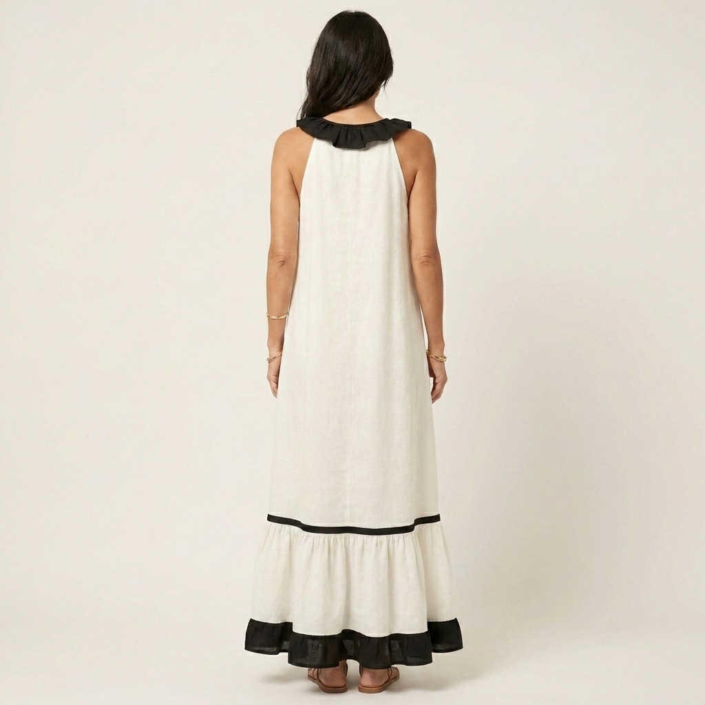 Mayline | Robe Maxi Sans Manches avec Col Volant et Bord Contrasté